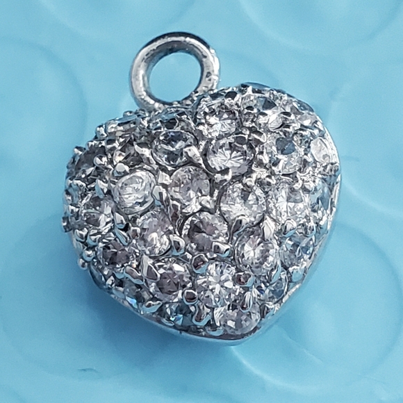 Heart Pendant Silvertone Crystal Rhinestones Paved - Picture 5 of 7